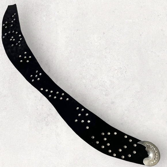 Susan Hyman Vintage Black Suede Belt Wide Studded Half Moon Buckle 80s Statement - Picture 7 of 15